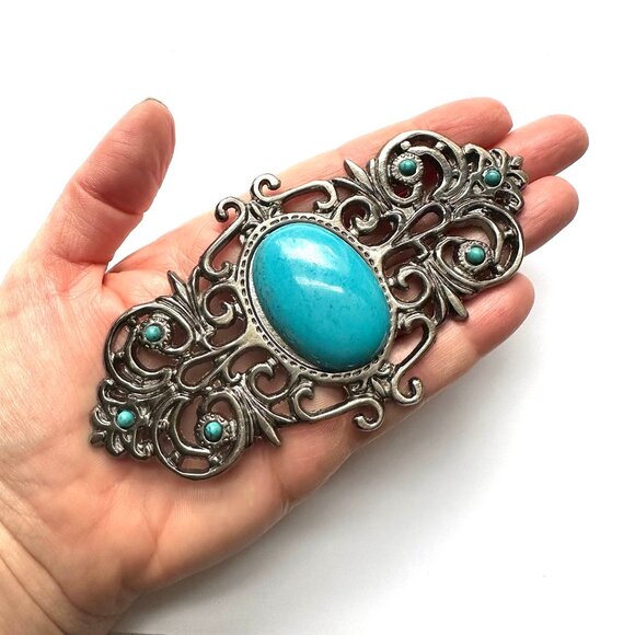 1pc Vintage filigree buckle faux turquoise accents. Gunmetal finish. 5 x 2.75 - Picture 4 of 11